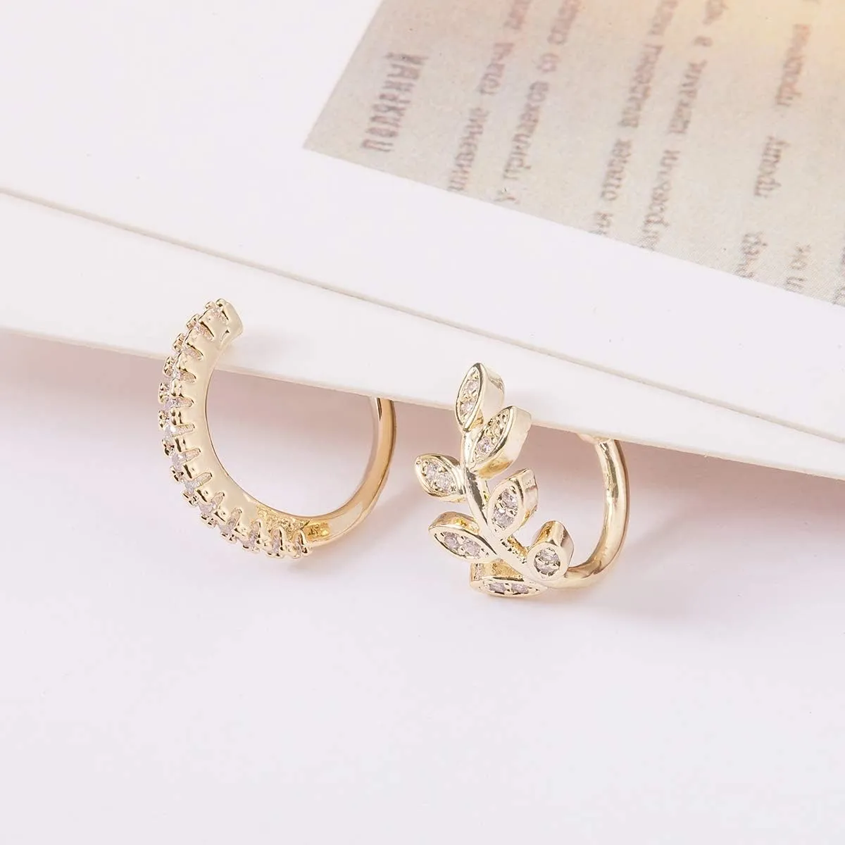 2 PCS Ear Cuffs 14k Gold Plated Cubic Zirconia CZ Non Piecing Ear Small Hoop Huggies Clip on Cuff Wrap Earrings Fake Helix Cartilage Earrings for Women Hypoallergenic