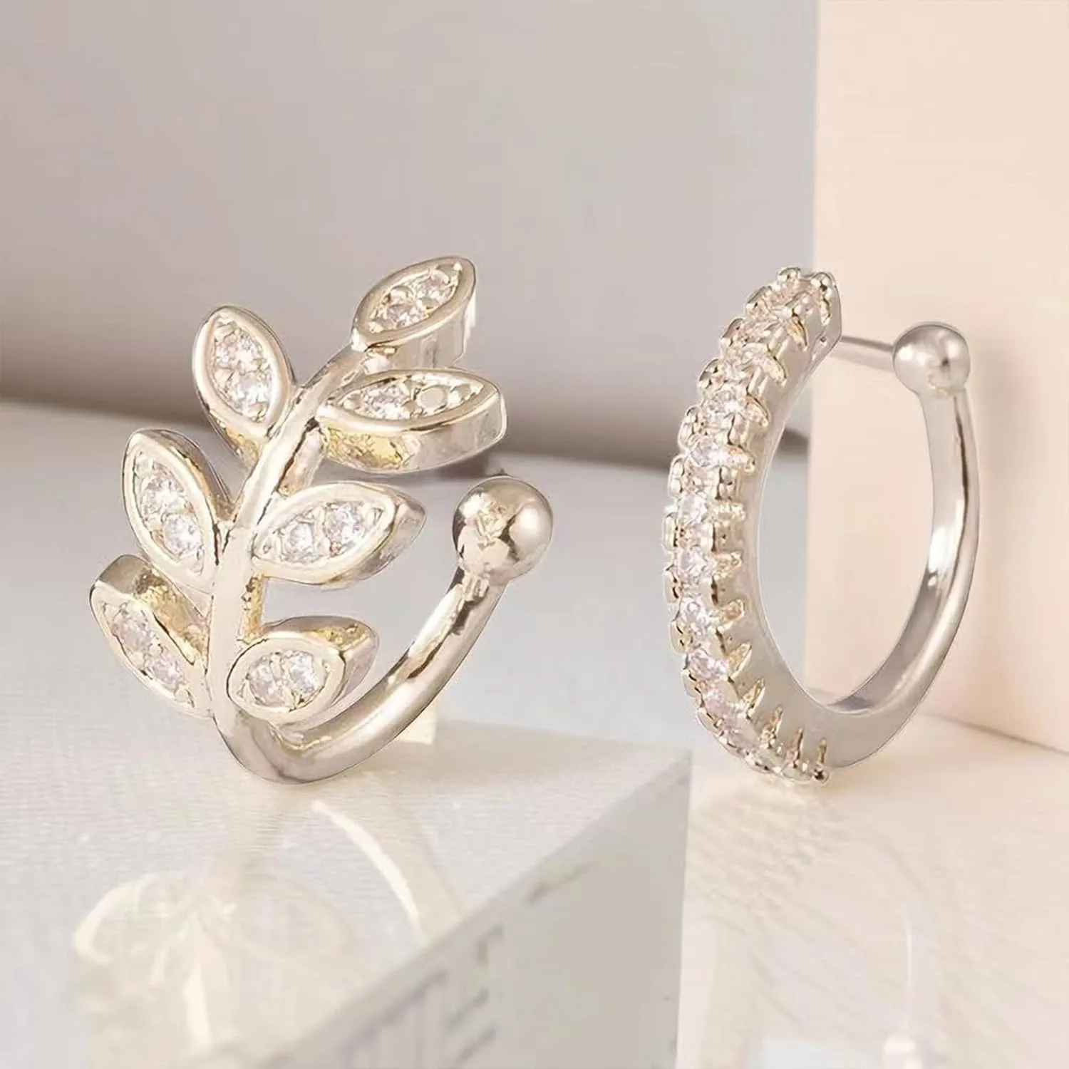 2 PCS Ear Cuffs 14k Gold Plated Cubic Zirconia CZ Non Piecing Ear Small Hoop Huggies Clip on Cuff Wrap Earrings Fake Helix Cartilage Earrings for Women Hypoallergenic