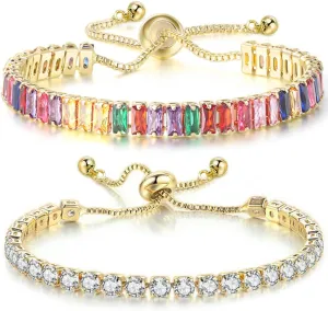 2 Pieces Tennis Bracelets for Women Cubic Zirconia Bracelet Rhinestone Adjustable Slider Bracelets