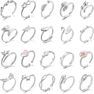 20 Pcs Adjustable Rings Set for Women - Finger Rings Pack Stackable Rings for Teens- Cute Rings for Teen Girls -in Gold and Silver Tone
