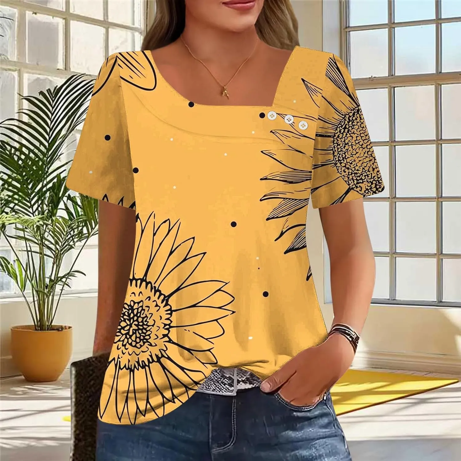 2025 Summer Square Neck Tops for Women Trendy Floral Print Short Sleeve Boho Tshirt Casual Loose Fit Button Blouses