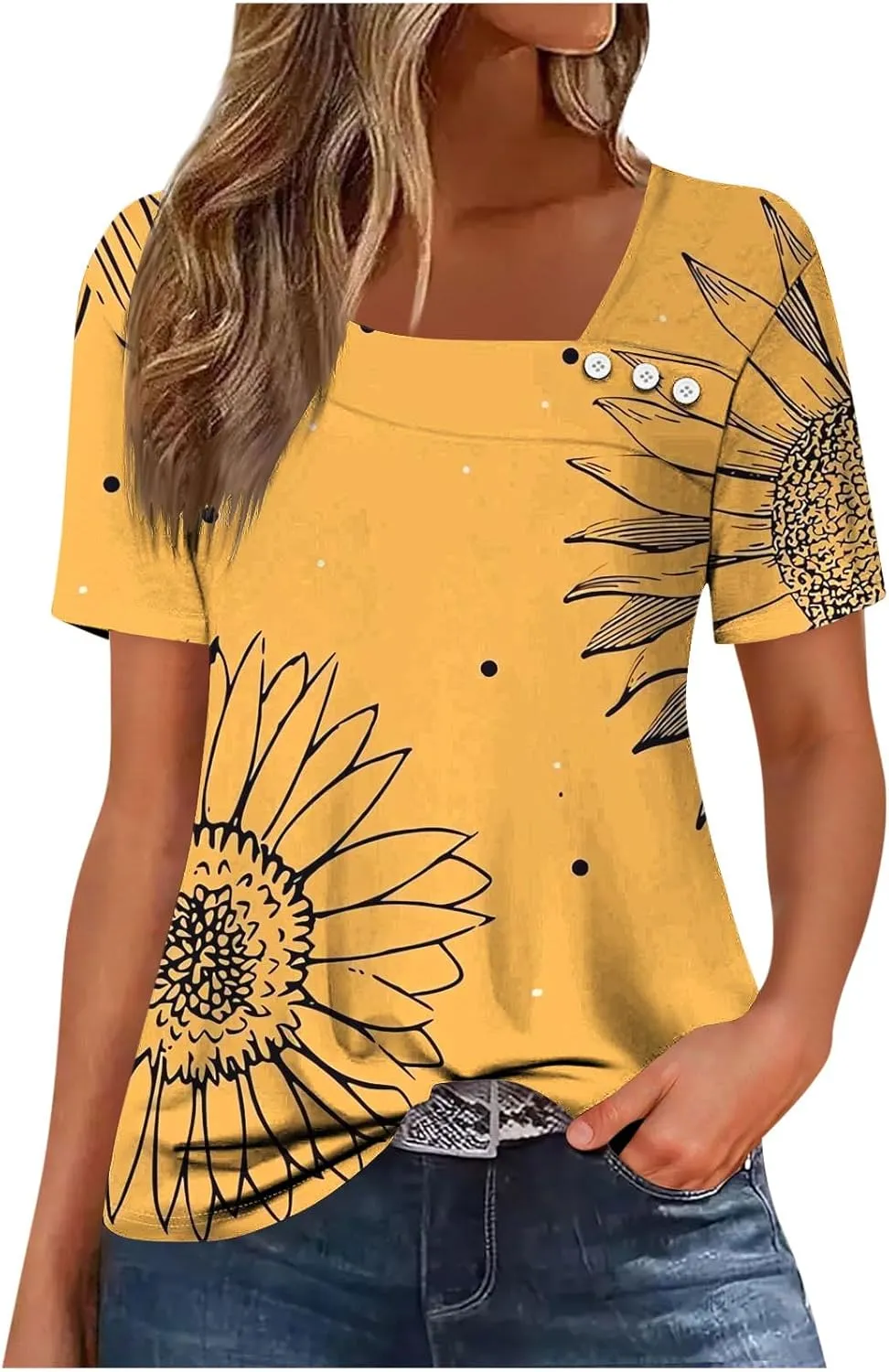 2025 Summer Square Neck Tops for Women Trendy Floral Print Short Sleeve Boho Tshirt Casual Loose Fit Button Blouses