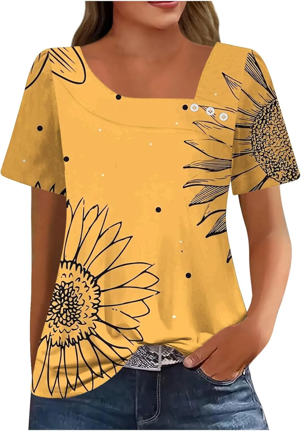 2025 Summer Square Neck Tops for Women Trendy Floral Print Short Sleeve Boho Tshirt Casual Loose Fit Button Blouses