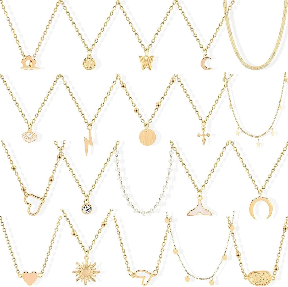 20PCS Gold Plated Choker Necklaces For Women, 14k Gold Plated Dainty Pearl Pendant Simple Chain Necklace Set Gold Layered Necklaces Adjustable Jewelry Gift