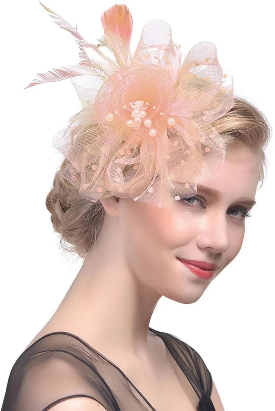 20s 50s Pillbox Derb Fascinator Hat eil Feather Fascinators Hair Clip Wedding Tea Part Hat Lace (Beige, One Size)