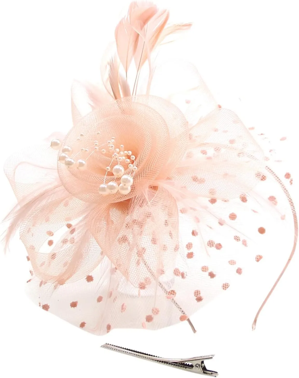 20s 50s Pillbox Derb Fascinator Hat eil Feather Fascinators Hair Clip Wedding Tea Part Hat Lace (Beige, One Size)