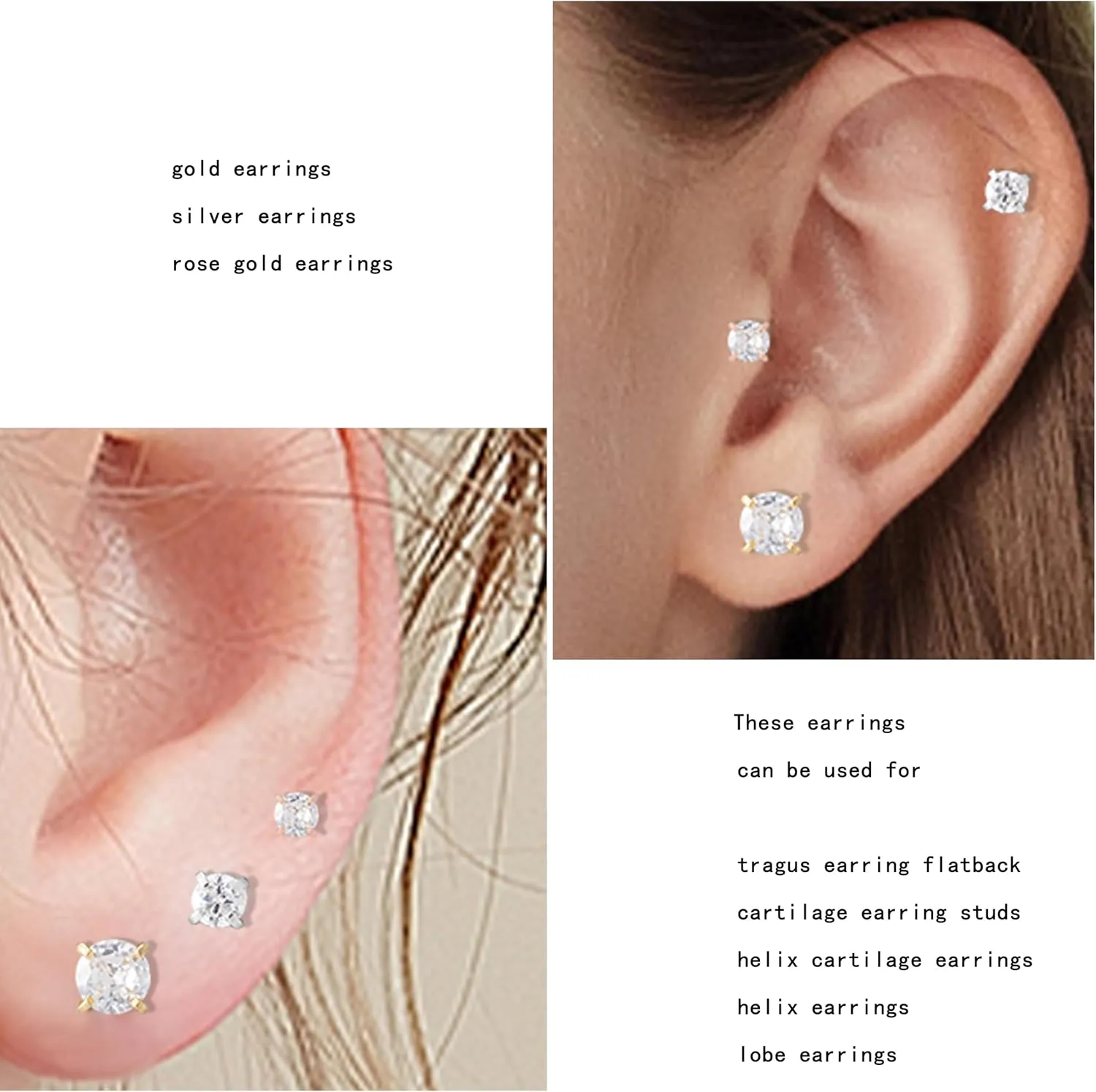 2/3/4mm Flat Back Earrings for Women Men 14k Gold Plated Surgical Steel Stud Earrings Flat Back Cubic Zirconia Earrings for Helix Cartilage Tragus Earlobe Piercing Jewelry