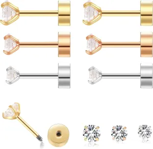 2/3/4mm Flat Back Earrings for Women Men 14k Gold Plated Surgical Steel Stud Earrings Flat Back Cubic Zirconia Earrings for Helix Cartilage Tragus Earlobe Piercing Jewelry