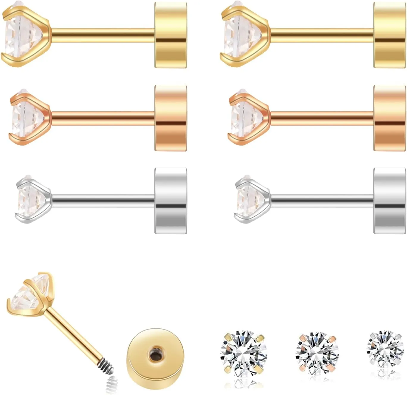 2/3/4mm Flat Back Earrings for Women Men 14k Gold Plated Surgical Steel Stud Earrings Flat Back Cubic Zirconia Earrings for Helix Cartilage Tragus Earlobe Piercing Jewelry