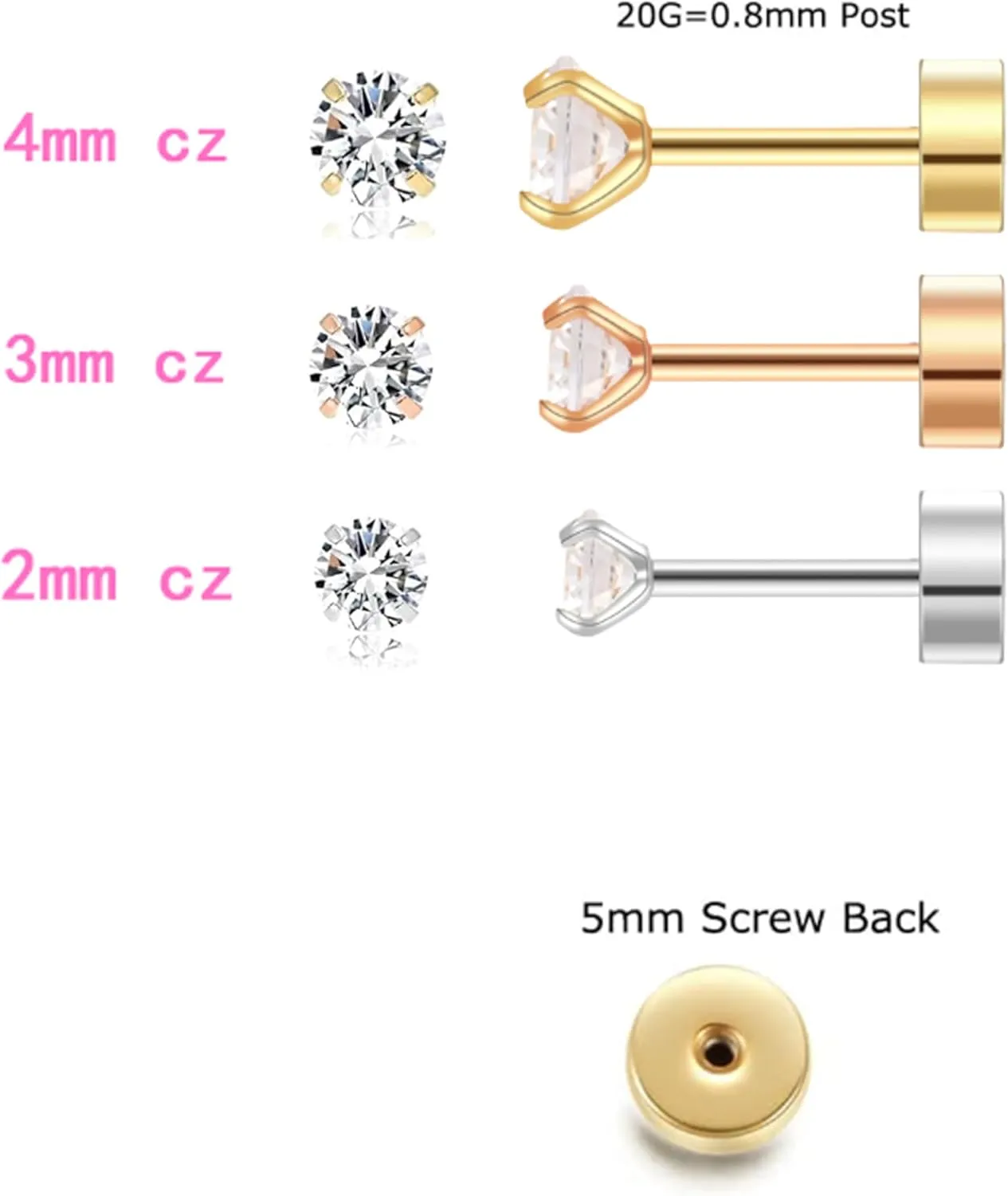 2/3/4mm Flat Back Earrings for Women Men 14k Gold Plated Surgical Steel Stud Earrings Flat Back Cubic Zirconia Earrings for Helix Cartilage Tragus Earlobe Piercing Jewelry