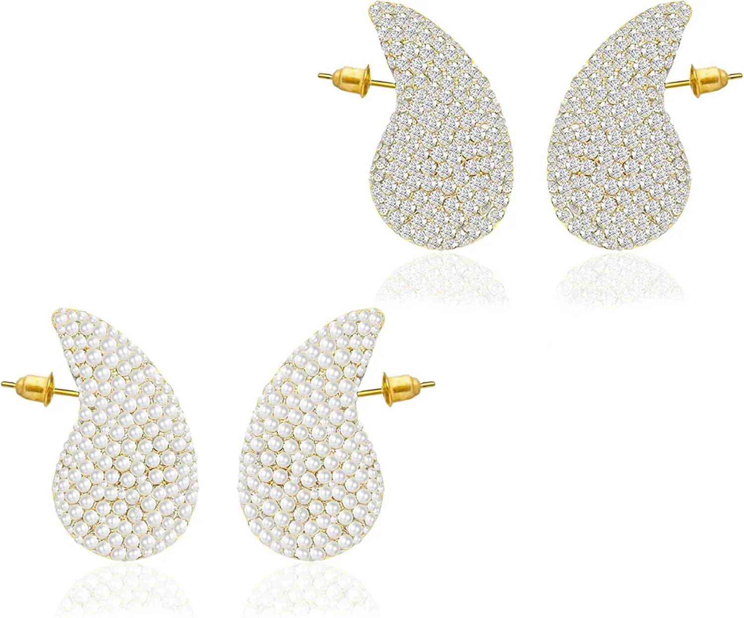 2Pairs Crystal Gold Teardrop Earrings for Women Rhinestone Pearl Small Chunky Gold Hoop Earrings Fashion Jewelry Gift for Women