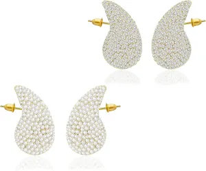 2Pairs Crystal Gold Teardrop Earrings for Women Rhinestone Pearl Small Chunky Gold Hoop Earrings Fashion Jewelry Gift for Women