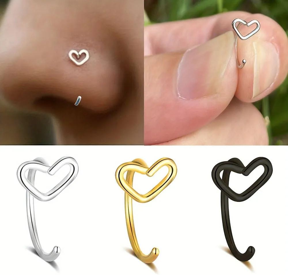 2Pcs 20G Heart Nose Rings Hoop for Women Minimalist Stainless Steel Nose Hoops Cartilage Earrings Nose Nostril Piercing Jewelry