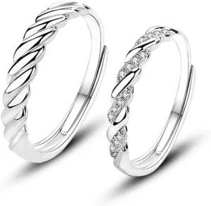 2pcs Couple Matching Rings Sets 925 Silver Plated Bow Stars and Moon Moonstone CZ Wedding Engagement Ring Bridal Sets Adjustable His & Hers Couples Promise Rings