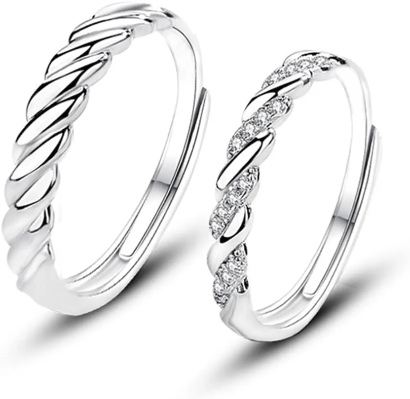 2pcs Couple Matching Rings Sets 925 Silver Plated Bow Stars and Moon Moonstone CZ Wedding Engagement Ring Bridal Sets Adjustable His & Hers Couples Promise Rings