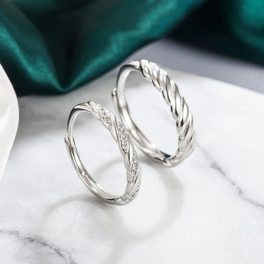 2pcs Couple Matching Rings Sets 925 Silver Plated Bow Stars and Moon Moonstone CZ Wedding Engagement Ring Bridal Sets Adjustable His & Hers Couples Promise Rings