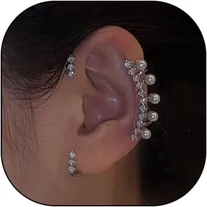 2Pcs Dainty Rhinestone Pearl Ear Cuff Earrings,Sparkling Cubic Zirconia Pearl Clip-On,Trendy Silver Personality Metal Statement Earrings for Women