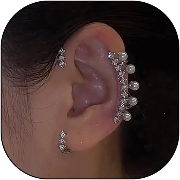 2Pcs Dainty Rhinestone Pearl Ear Cuff Earrings,Sparkling Cubic Zirconia Pearl Clip-On,Trendy Silver Personality Metal Statement Earrings for Women