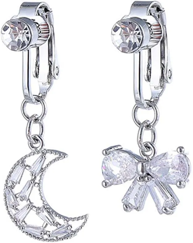 2Pcs Moon Bowknot Fake Belly Button Rings for Women Stainless Steel CZ Non-Piercing Clip On Belly Navel Rings Dangle Fake Belly Piercing Jewelry