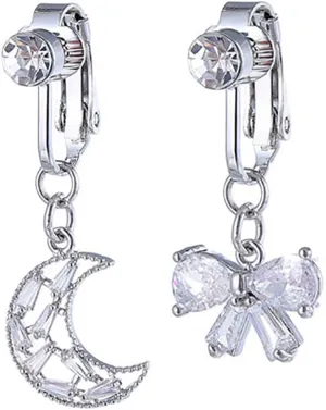2Pcs Moon Bowknot Fake Belly Button Rings for Women Stainless Steel CZ Non-Piercing Clip On Belly Navel Rings Dangle Fake Belly Piercing Jewelry