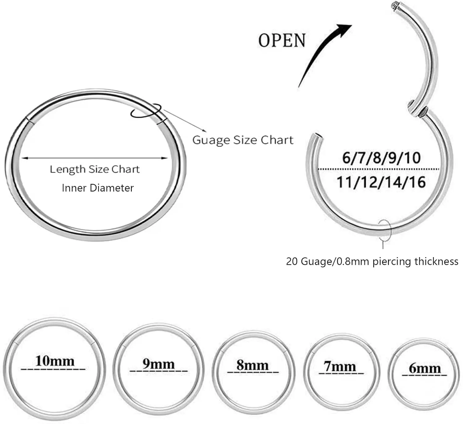2Pcs Women Men Titanium Nose Rings Hoops 20G 18G 16G Hinged Nose Clicker for Nostril Septum Cartilage Helix Tragus Conch Daith Rook Lip Ear Lobe Piercings Diameter 6mm/7mm/8mm/9mm/10mm/12mm Sliver-Gold-Black-Rose Gold