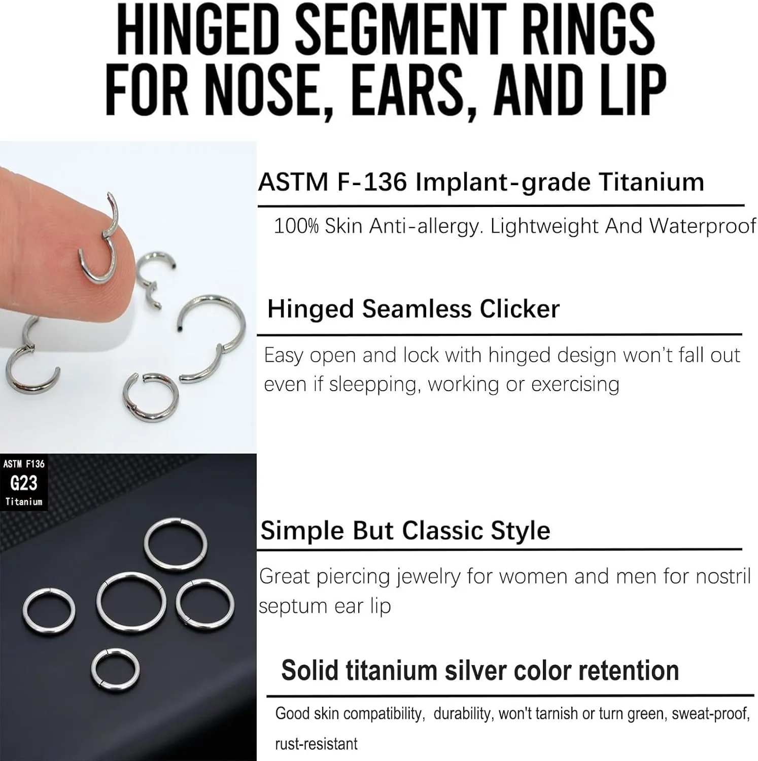 2Pcs Women Men Titanium Nose Rings Hoops 20G 18G 16G Hinged Nose Clicker for Nostril Septum Cartilage Helix Tragus Conch Daith Rook Lip Ear Lobe Piercings Diameter 6mm/7mm/8mm/9mm/10mm/12mm Sliver-Gold-Black-Rose Gold