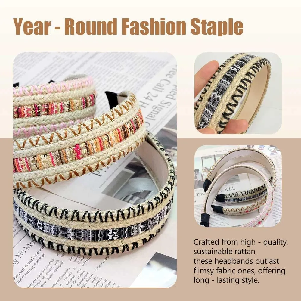 3 Pack Straw Headbands for Women & Girls Raffia Wide Headbands Boho Rattan Hair Accessories Beach
