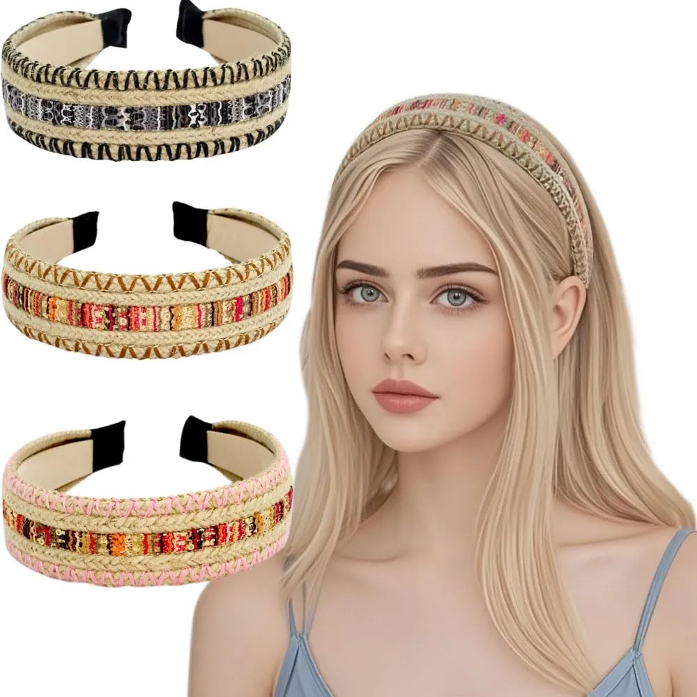 3 Pack Straw Headbands for Women & Girls Raffia Wide Headbands Boho Rattan Hair Accessories Beach