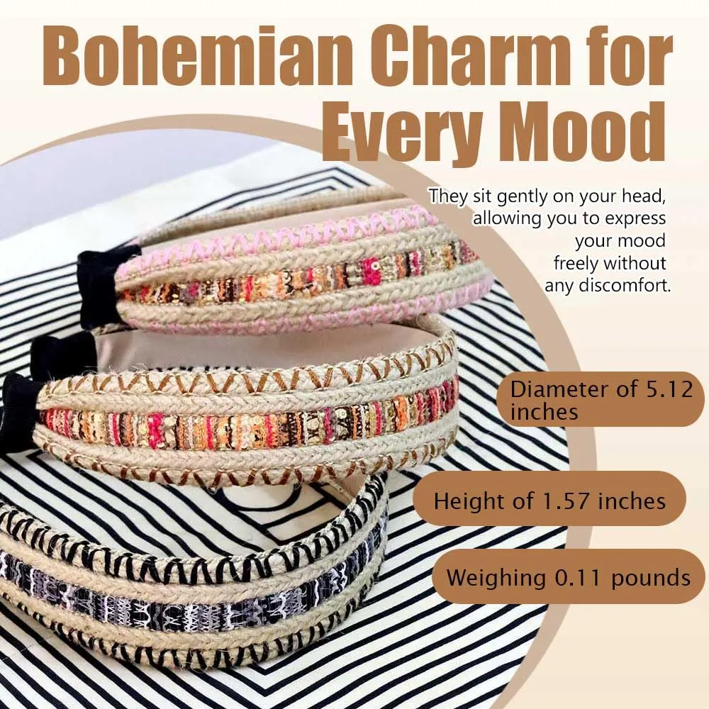 3 Pack Straw Headbands for Women & Girls Raffia Wide Headbands Boho Rattan Hair Accessories Beach