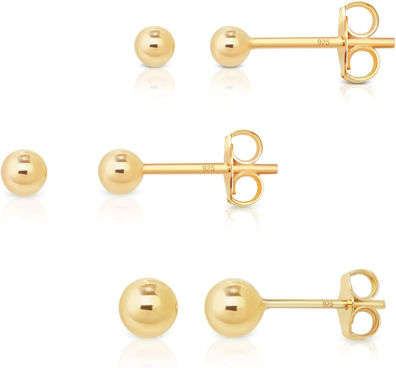 3 PAIRS 925 sterling silver stud earrings for women - tiny stud earrings - 24K Yellow or 18K Rose Gold Plated - small gold stud earrings - earrings studs pack - Diameter: 2, 3, 4, 5, 6 mm