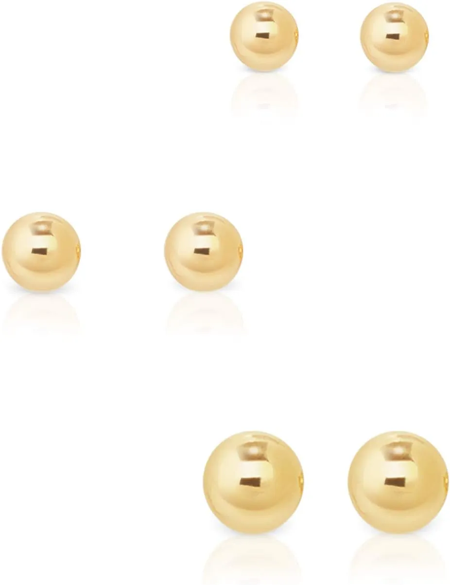 3 PAIRS 925 sterling silver stud earrings for women - tiny stud earrings - 24K Yellow or 18K Rose Gold Plated - small gold stud earrings - earrings studs pack - Diameter: 2, 3, 4, 5, 6 mm