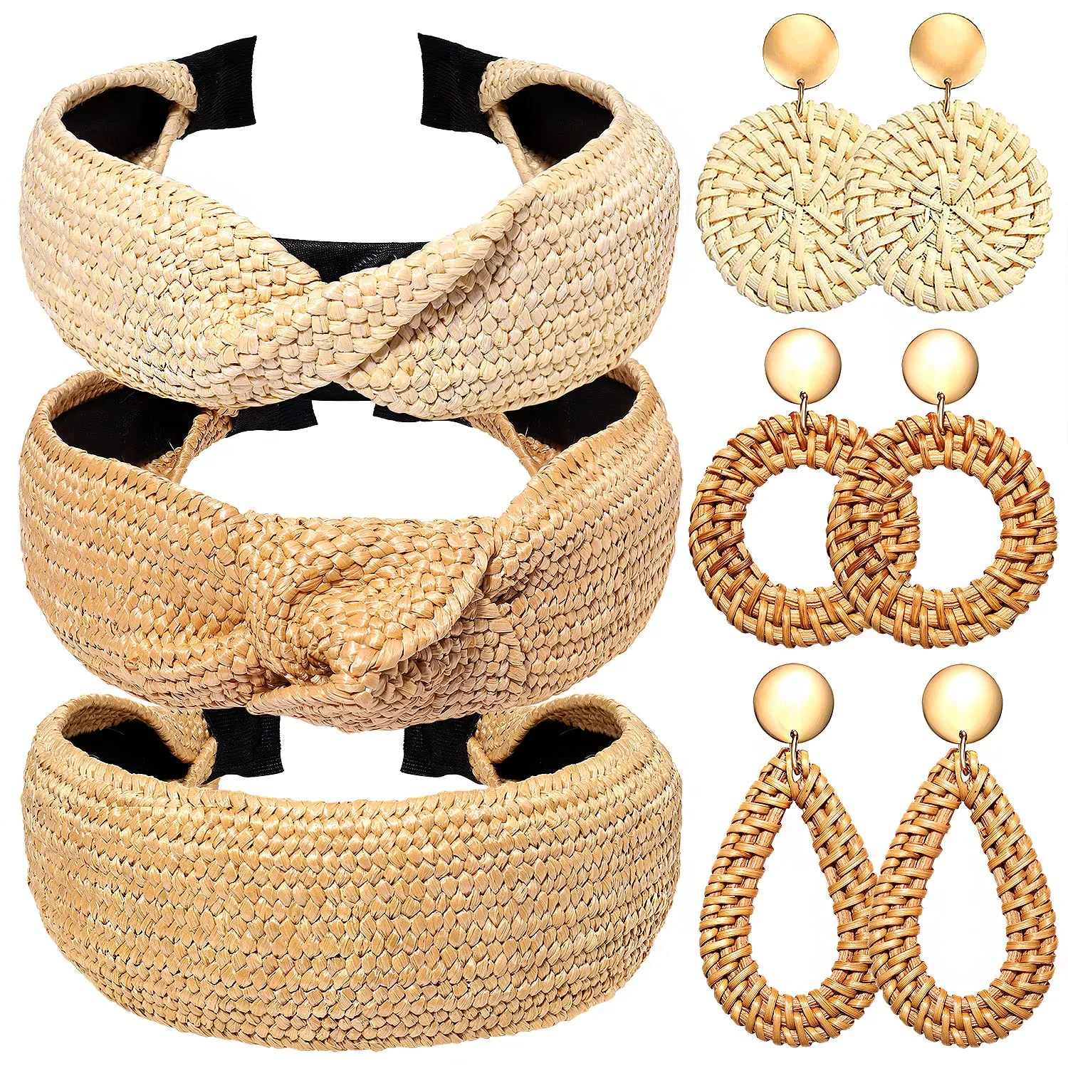 3Pack Rattan Headbands Wide Straw Knotted Headbands for Women Bohemia Woven Raffia Headwear with 3 Pairs Rattan Earrings Summer Beach Holiday Hair Accessory (3PCS 3Pairs)