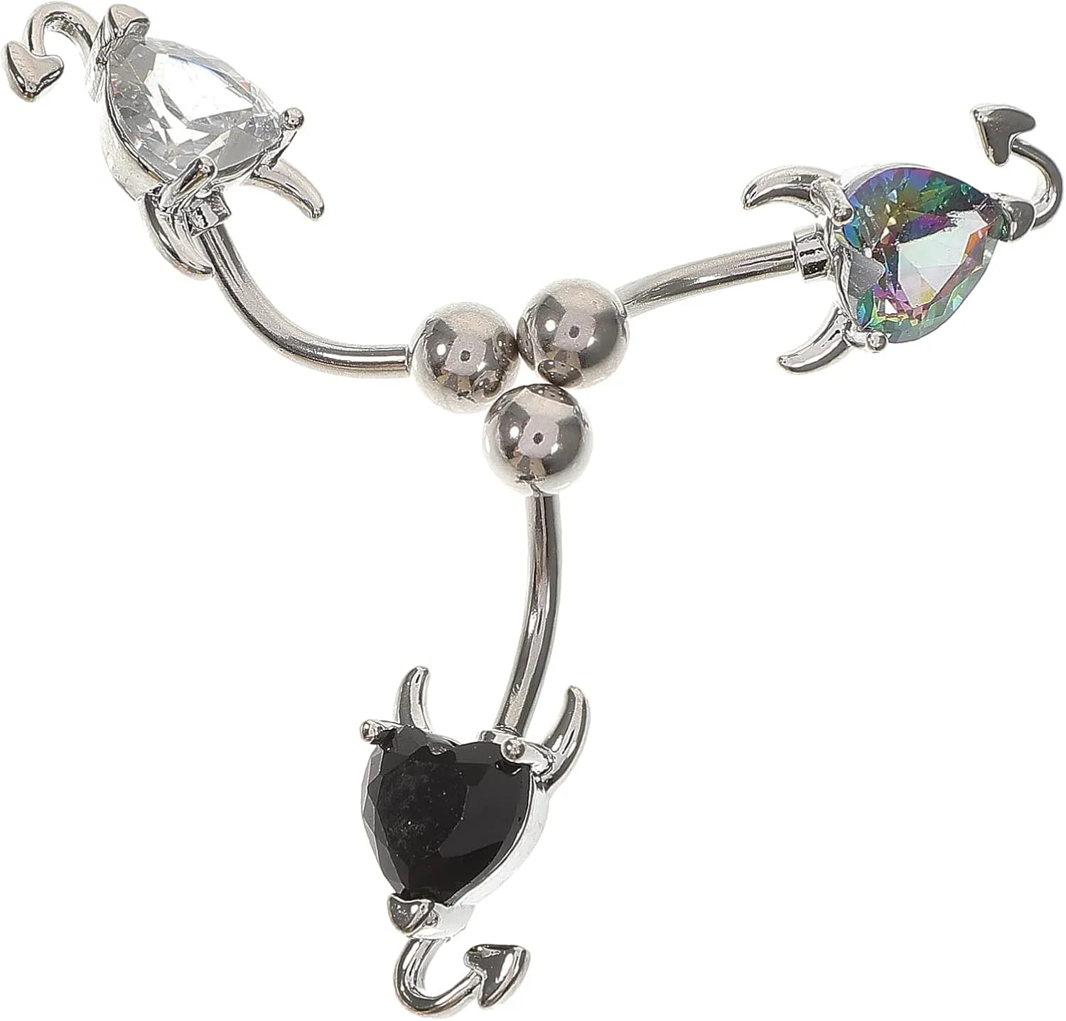 3Pcs Devil Heart Belly Button Rings for Women Gemstone Navel Jewelry Stylish Dangling Piercing Accessories for Party and Beach Wear