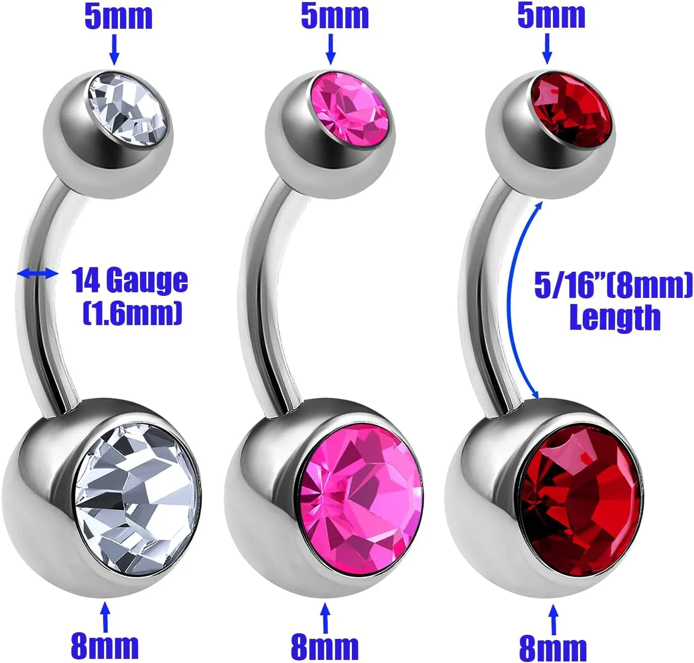 3Pcs Titanium G23 14g Belly Button Rings Piercing Jewelry navel Ear Lobe Earring 8mm 5mm Crystal Ball More Choices
