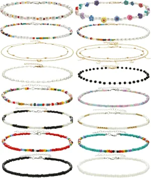 4-12 Pieces Beaded Choker Necklaces for Women Boho Seed Bead Choker Set Hawaiian Handmade Turquoise Beach Beads Necklace Chain Jewelry