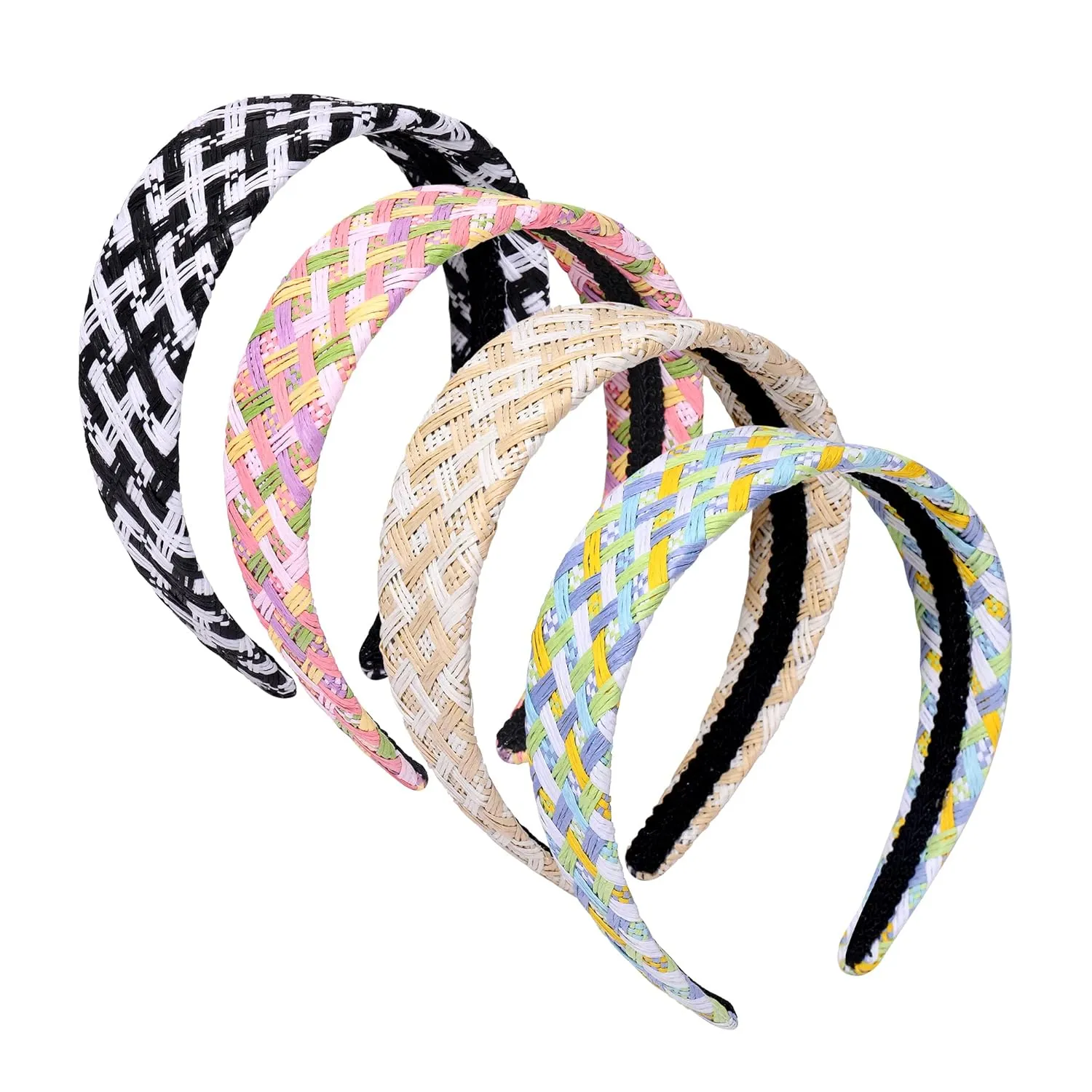 4 Pack Rattan Headbands for Women Boho Straw Rattan Woven Headband Wide Rainbow Stripe Hairband Headwear Summer Beach Hair Accessories, One Size