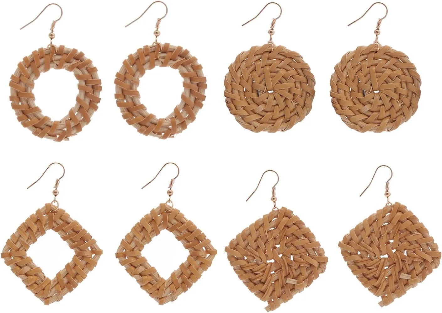 4 Pairs Lightweight Rattan Knit Dangle Earrings Bohemia Straw Wicker Braid Woven Geometric Statement Earring Women Bamboo Jewelry