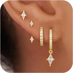 4 Pairs Stud Hoop Earrings Set for Women, Trendy Dangle Jacket Huggie Stacks for Multiple Piercing, Hypoallergenic Cartilage Jewelry Gifts