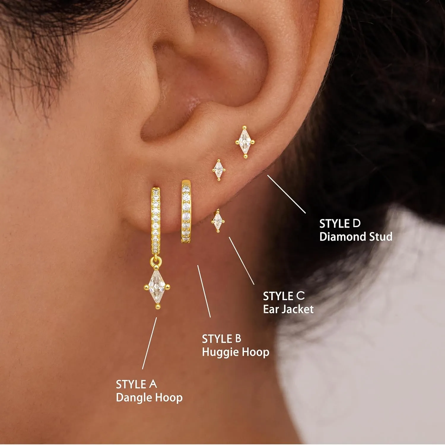 4 Pairs Stud Hoop Earrings Set for Women, Trendy Dangle Jacket Huggie Stacks for Multiple Piercing, Hypoallergenic Cartilage Jewelry Gifts