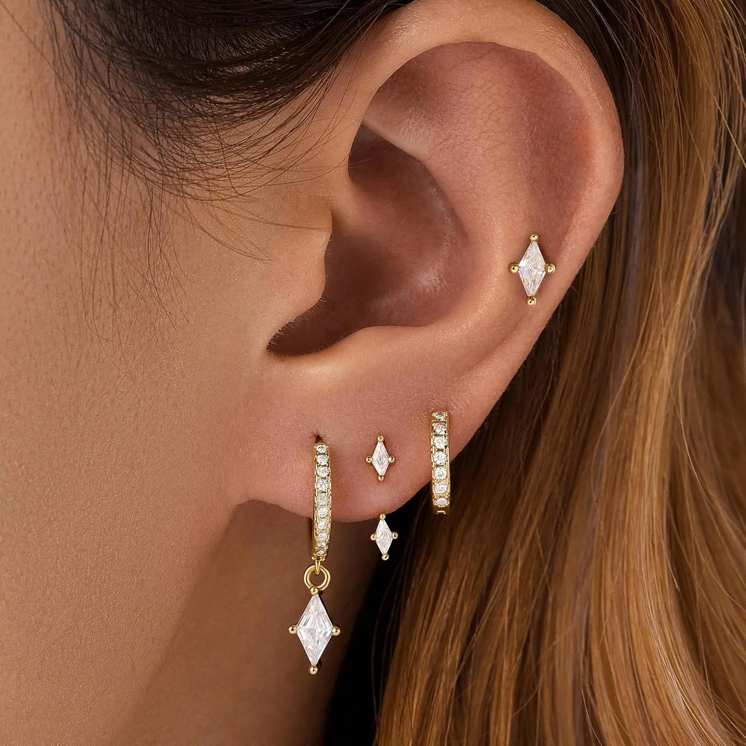 4 Pairs Stud Hoop Earrings Set for Women, Trendy Dangle Jacket Huggie Stacks for Multiple Piercing, Hypoallergenic Cartilage Jewelry Gifts