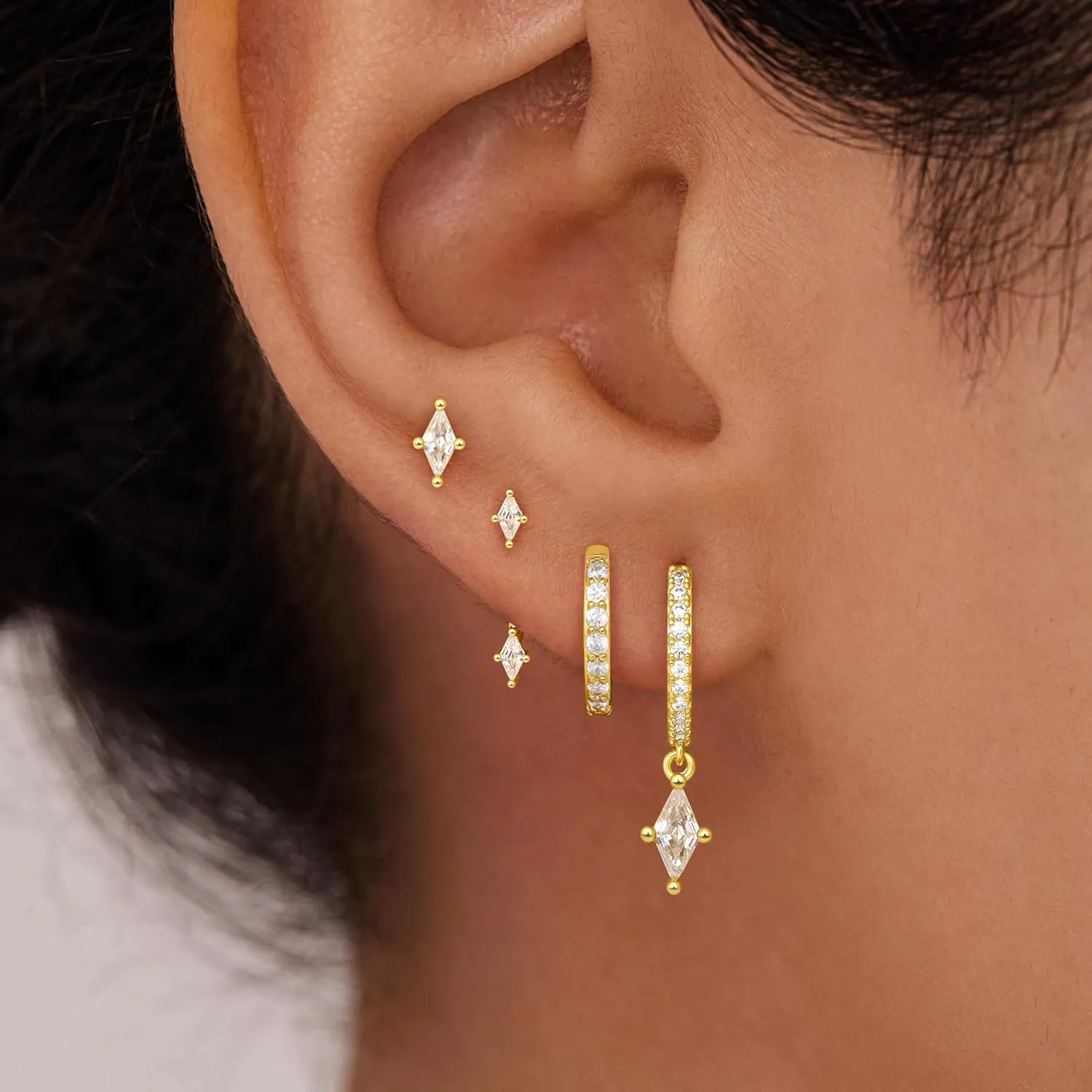 4 Pairs Stud Hoop Earrings Set for Women, Trendy Dangle Jacket Huggie Stacks for Multiple Piercing, Hypoallergenic Cartilage Jewelry Gifts
