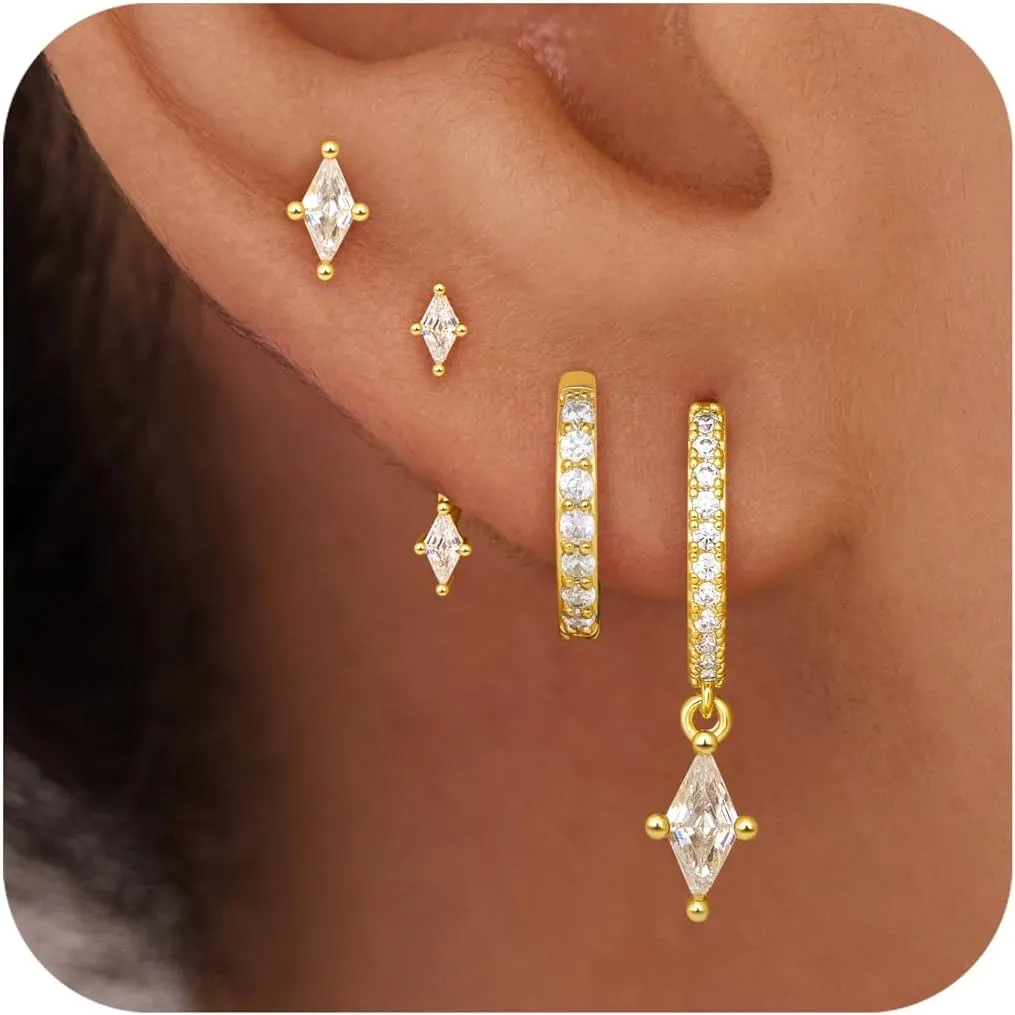 4 Pairs Stud Hoop Earrings Set for Women, Trendy Dangle Jacket Huggie Stacks for Multiple Piercing, Hypoallergenic Cartilage Jewelry Gifts