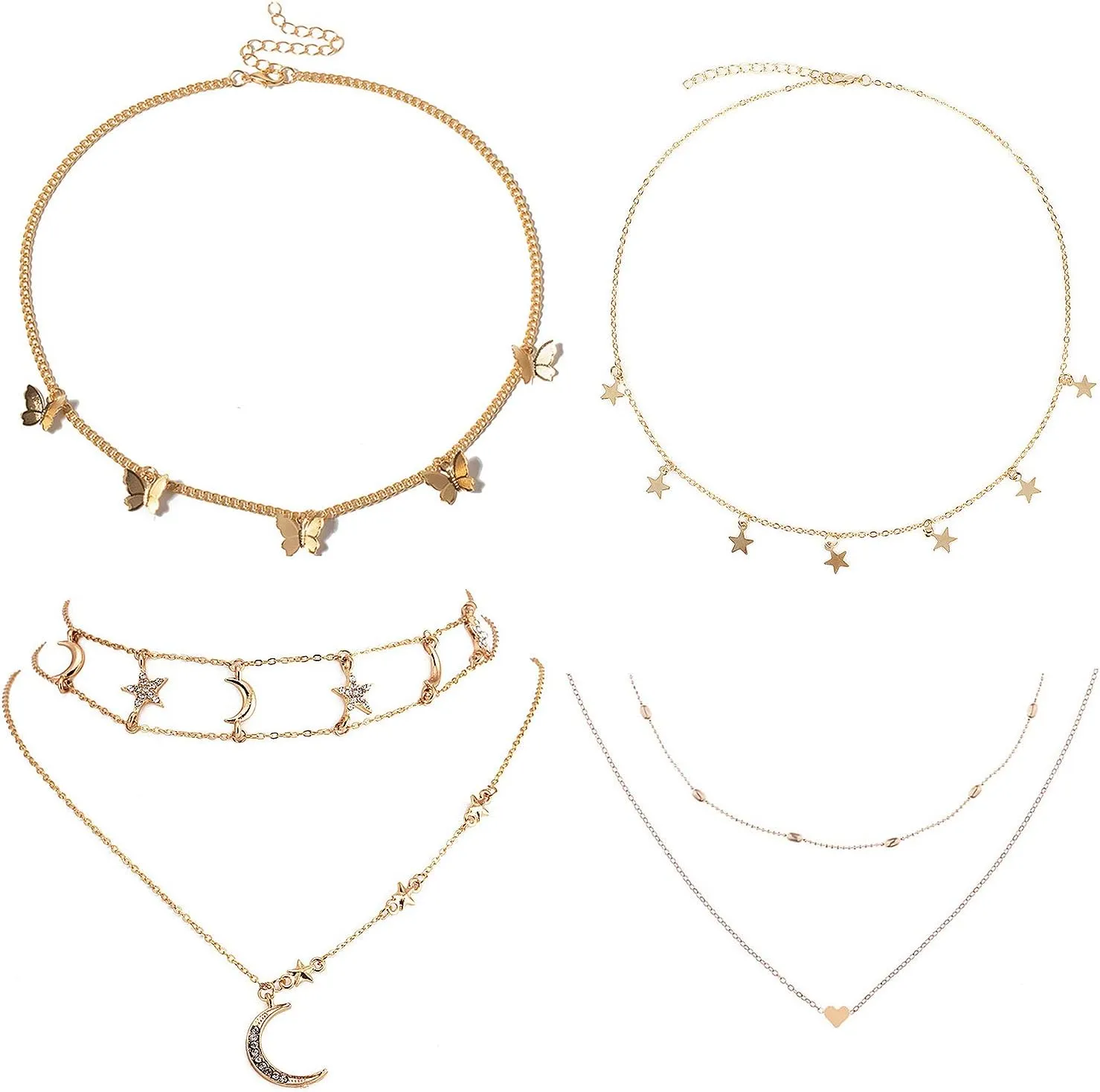 4 Sets Layered Choker Necklace Gold Butterfly Star Moon Heart Pendant Necklace Cute Vsco Multilayer Chain Choker Necklace for Women