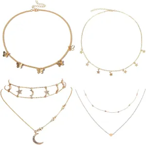 4 Sets Layered Choker Necklace Gold Butterfly Star Moon Heart Pendant Necklace Cute Vsco Multilayer Chain Choker Necklace for Women