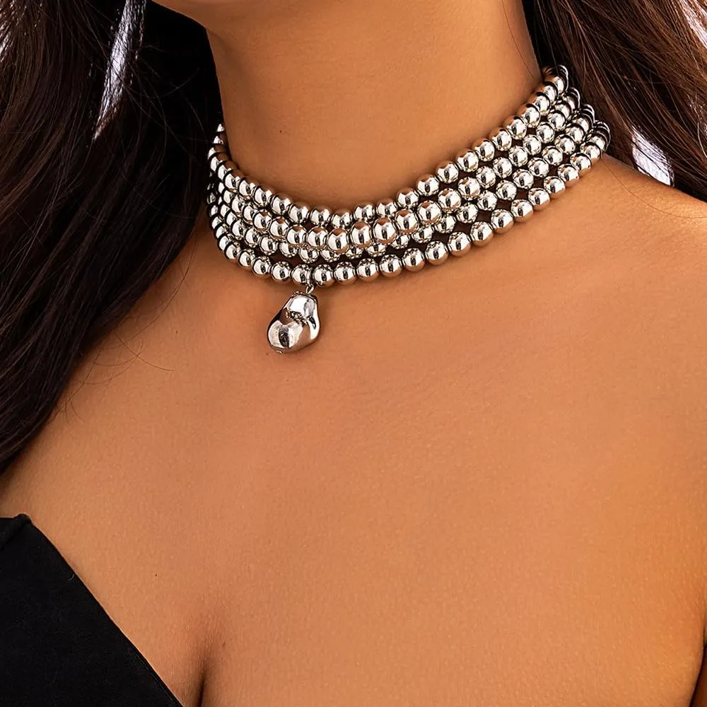 4 Tier Boho Women Multilayer 1920s Necklace Chunky Dainty Beads Layered Choker Necklaces Handmade Beads Fashion Chunky Pendant Multilayer Adjustable Layering Chain Necklaces for Women