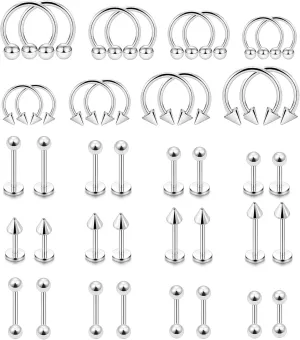 40Pcs 16G Lip Rings Surgical Steel Snake Bite Jewelry Labret Monroe Barbell Daith Tragus Helix Piercing Nose Septum Jewelry for Women Men 6mm/8mm/10mm/12mm