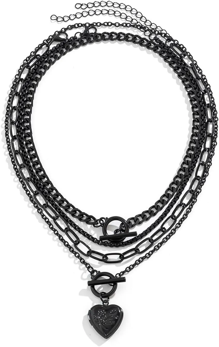 4pcs Black Layered Necklaces for Women,Vintage Fashion Heart/Coin/Star Pendant Necklace Punk Chunky Chain Choker Multilayer Aesthetic Adjustable Hiphop Necklaces Set Halloween Jewelry Gift