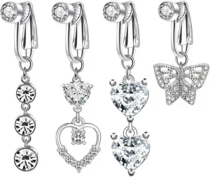 4Pcs Stainless Steel Fake Belly Button Rings for Women Dangle Cubic Zirconia Non Piercing Clip On Belly Navel Rings Dainty Non Pierced Body Jewelry