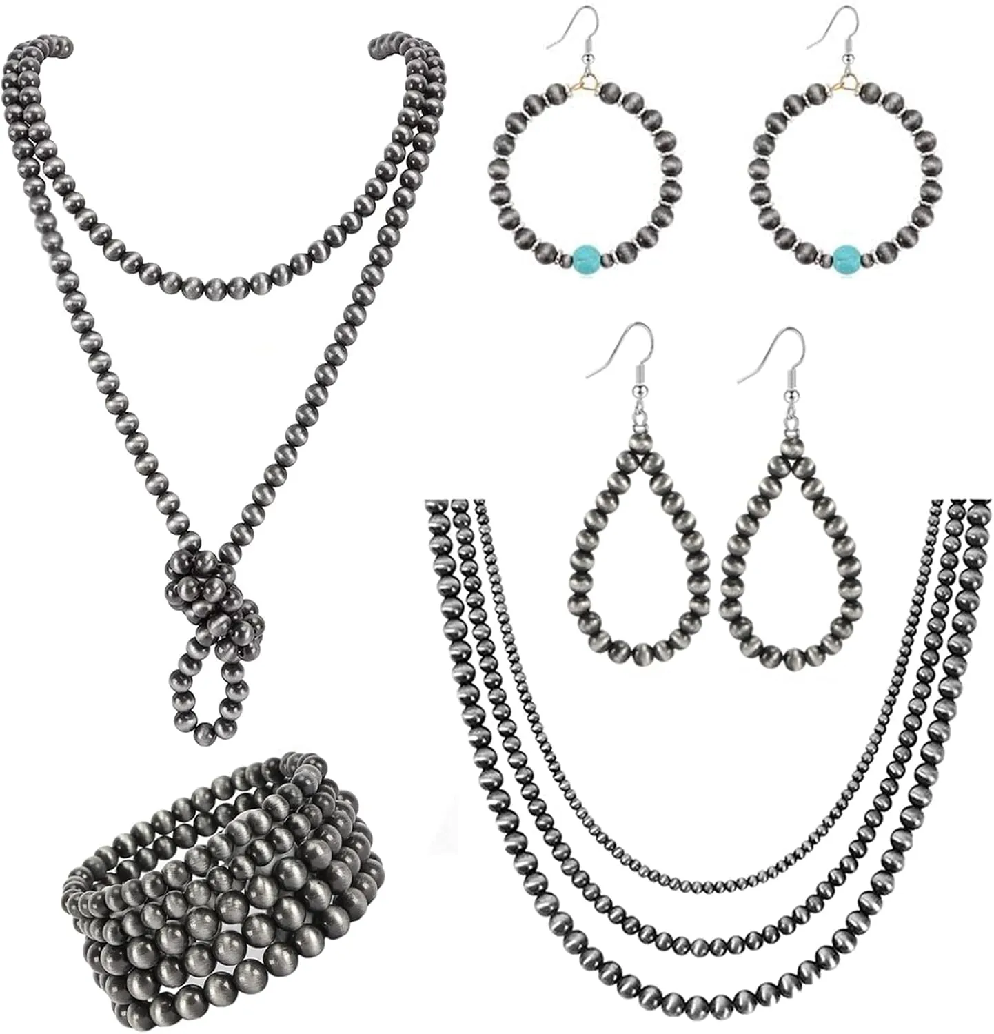 5Pcs Western Jewelry Navajo Pearl Necklace Earring Bracelet Set for Women Western Beaded Necklace Boho Vintage Choker Jewelry Gifts