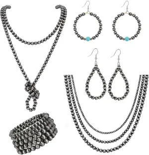 5Pcs Western Jewelry Navajo Pearl Necklace Earring Bracelet Set for Women Western Beaded Necklace Boho Vintage Choker Jewelry Gifts